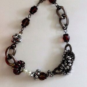 Silver crystal, brown, black statement necklace